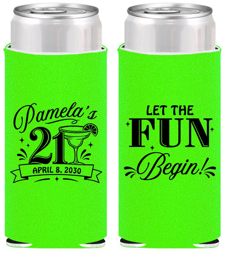 Personalized 21st Birthday Slim Can Coolers - Let The Fun Begin | 340009