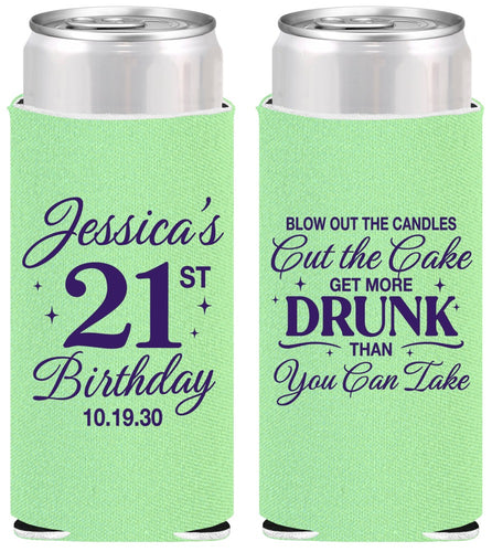 Personalized 21st Birthday Slim Can Coolers - Candles Cake Drunk | 340010