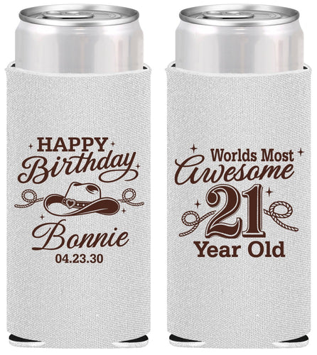 Personalized 21st Birthday Slim Can Coolers - Cowgirl | 340013