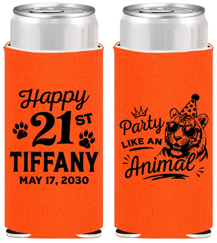 Personalized 21st Birthday Slim Can Coolers - Party Like An Animal Tiger | 340020