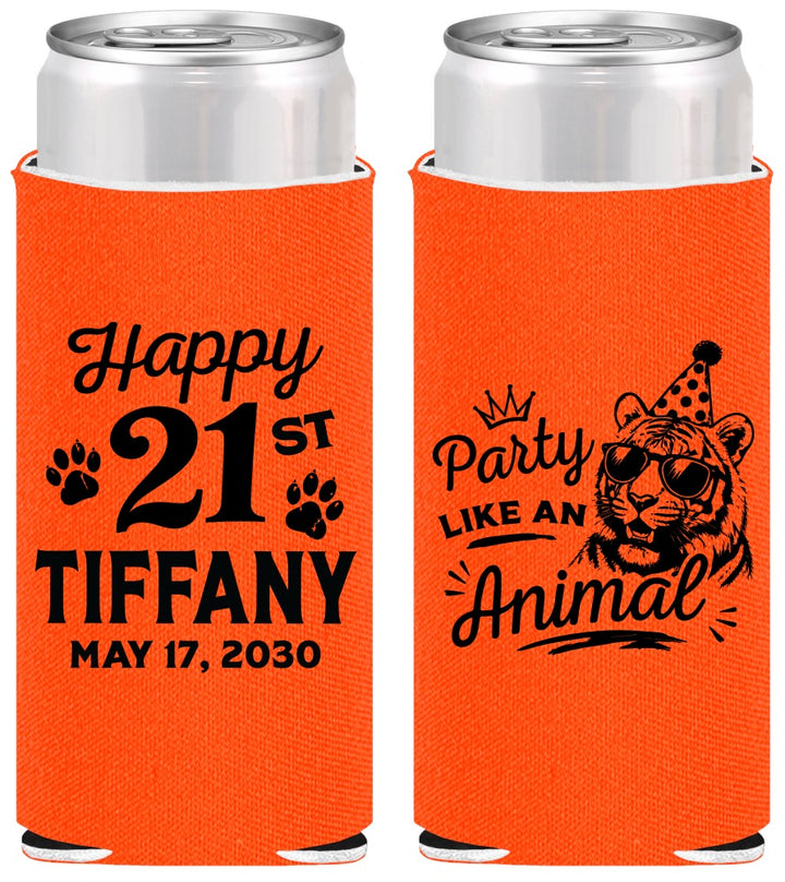 Personalized 21st Birthday Slim Can Coolers - Party Like An Animal Tiger | 340020