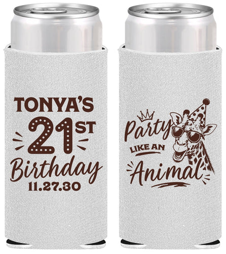Personalized 21st Birthday Slim Can Coolers - Party Like An Animal Giraffe | 340022