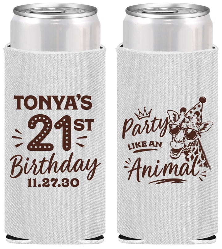 Personalized 21st Birthday Slim Can Coolers - Party Like An Animal Giraffe | 340022