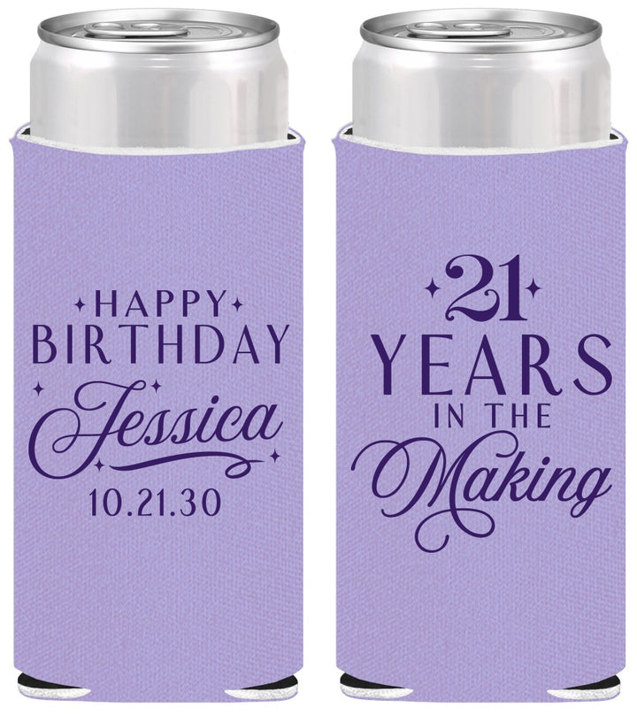 Personalized 21st Birthday Slim Can Coolers - Twenty One Years In The Making | 340023