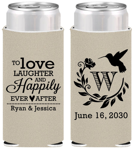 Personalized Wedding Slim Can Coolers - Love Laughter Happily | 345