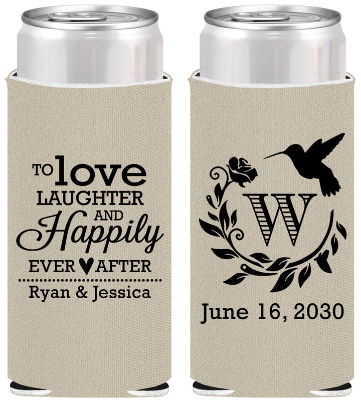 Personalized Wedding Slim Can Coolers - Love Laughter Happily | 345