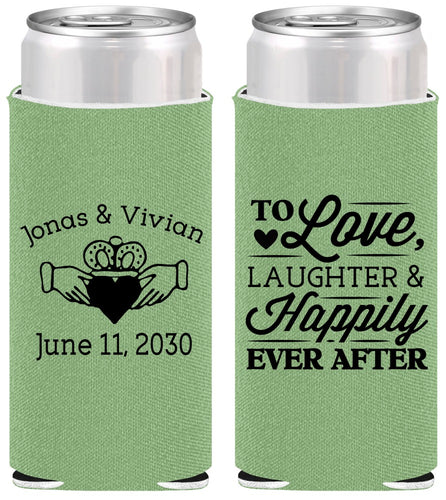 Personalized Wedding Slim Can Coolers - Love Laughter Happily | 346