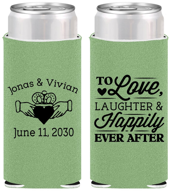 Personalized Wedding Slim Can Coolers - Love Laughter Happily | 346