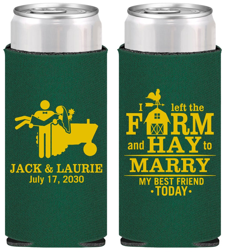 Personalized Wedding Slim Can Coolers - Left The Farm Tractor | 347