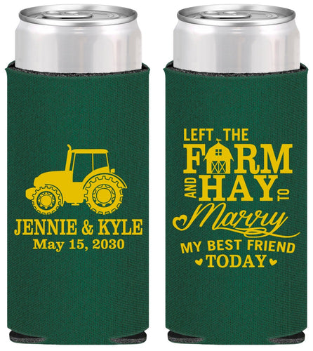 Personalized Wedding Slim Can Coolers - Left The Farm Tractor | 351