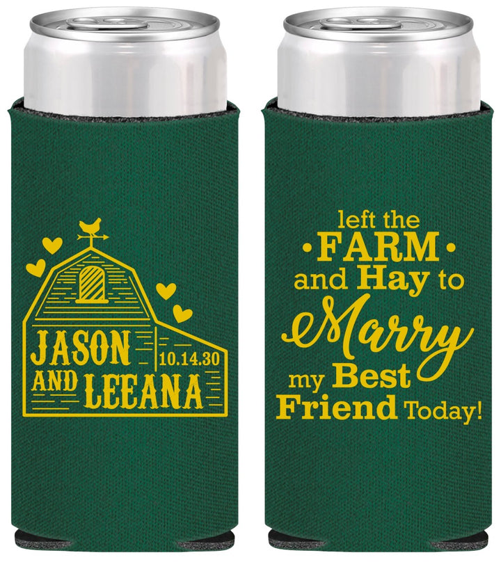 Personalized Wedding Slim Can Coolers - Left The Farm Tractor | 352