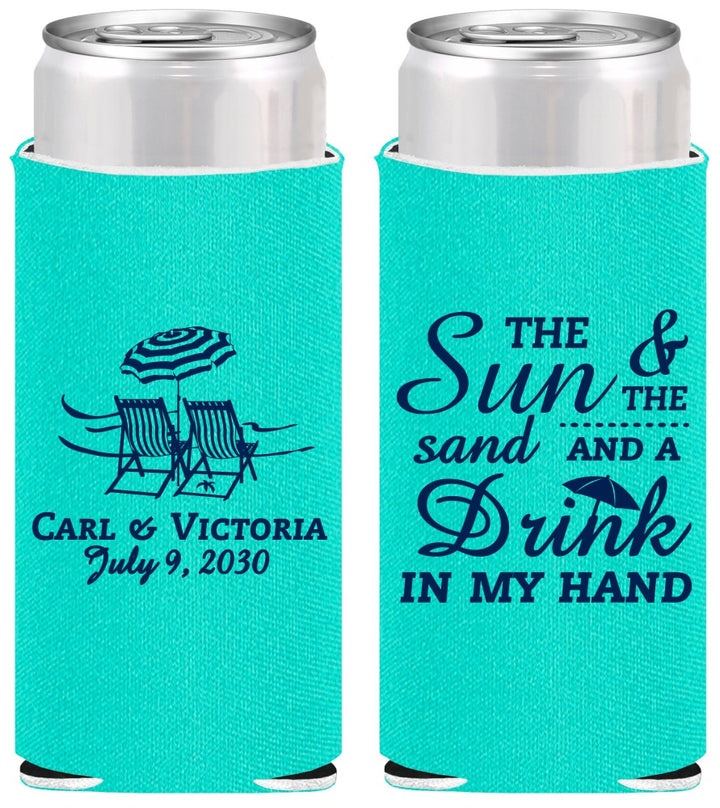 Personalized Wedding Slim Can Coolers - Sun Sand Drink In My Hand | 353