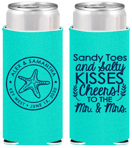 Personalized Wedding Slim Can Coolers - Sandy Feet Salty Kisses | 355