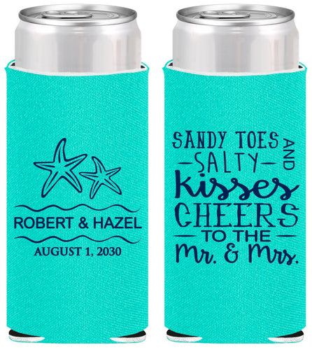 Personalized Wedding Slim Can Coolers - Sandy Feet Salty Kisses | 356