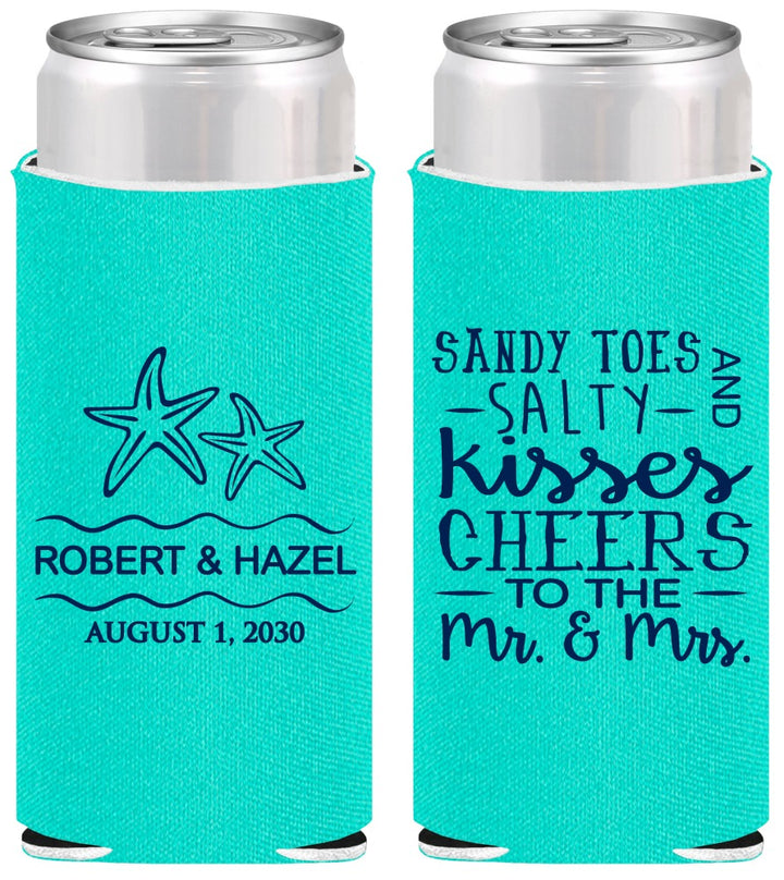 Personalized Wedding Slim Can Coolers - Sandy Feet Salty Kisses | 356