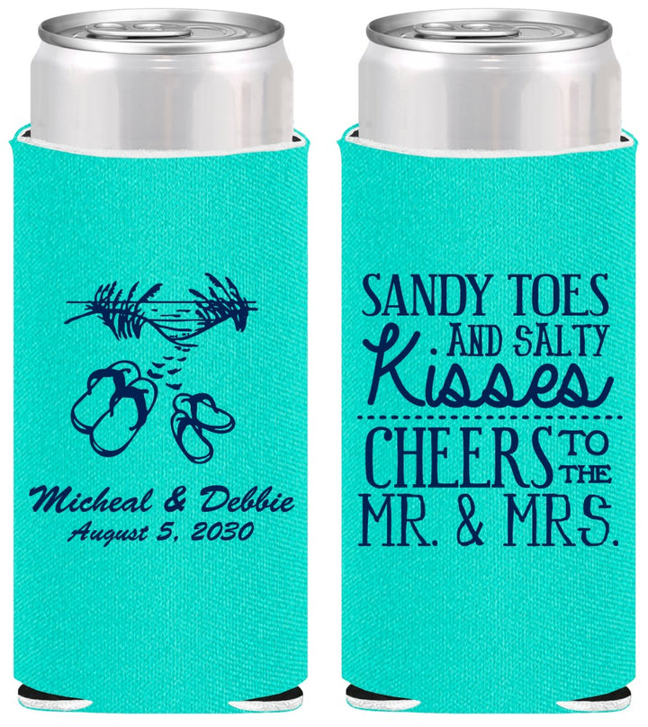 Personalized Wedding Slim Can Coolers - Sandy Feet Salty Kisses | 357