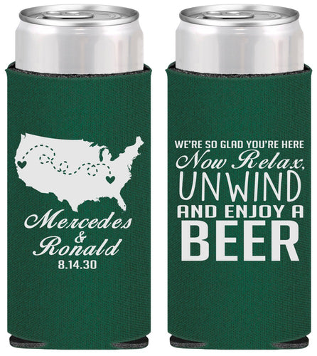 Personalized Wedding Slim Can Coolers - Relax Unwind Enjoy Beer | 360
