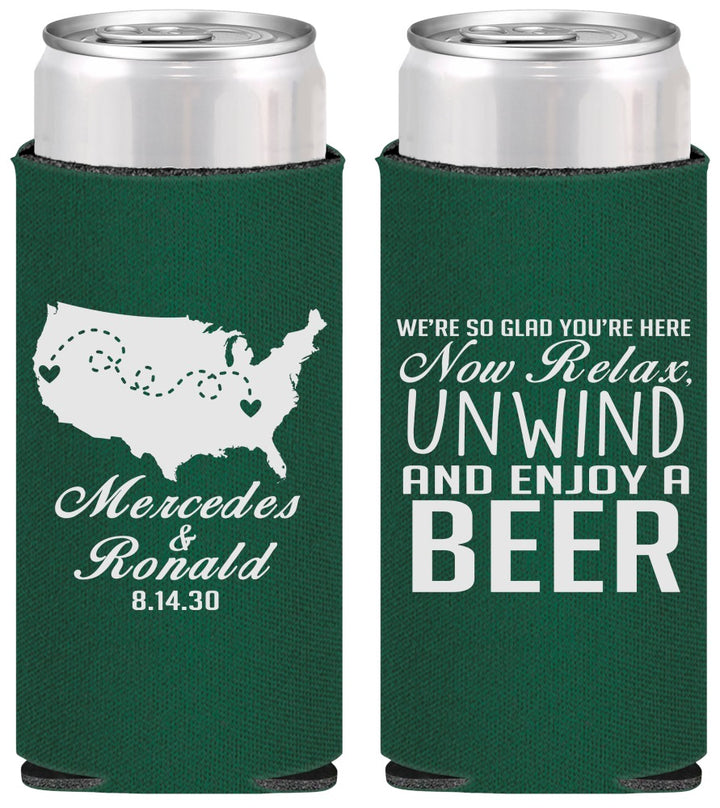 Personalized Wedding Slim Can Coolers - Relax Unwind Enjoy Beer | 360