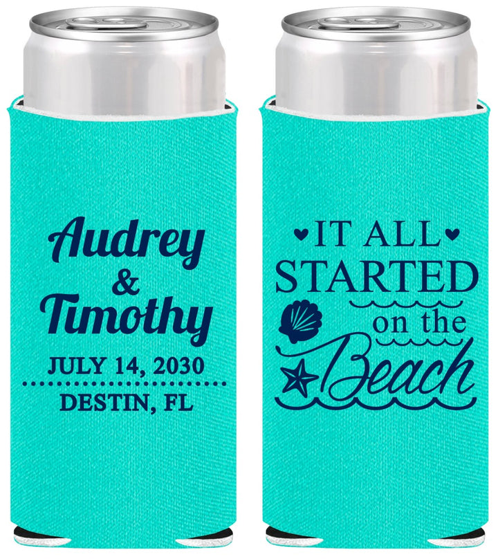 Personalized Wedding Slim Can Coolers - Started On The Beach | 361