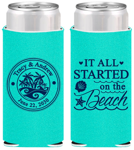 Personalized Wedding Slim Can Coolers - Started On The Beach | 362