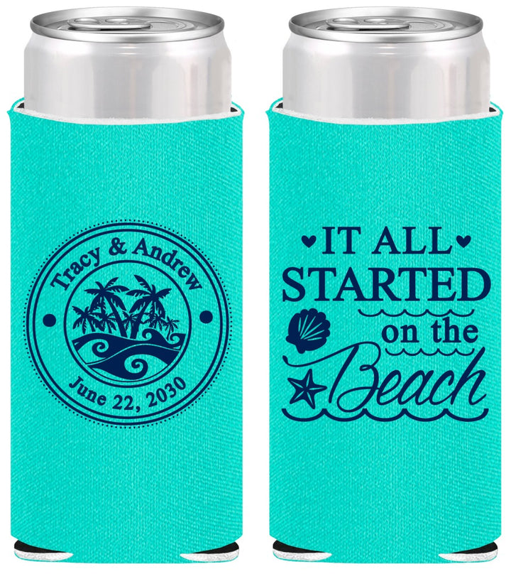 Personalized Wedding Slim Can Coolers - Started On The Beach | 362