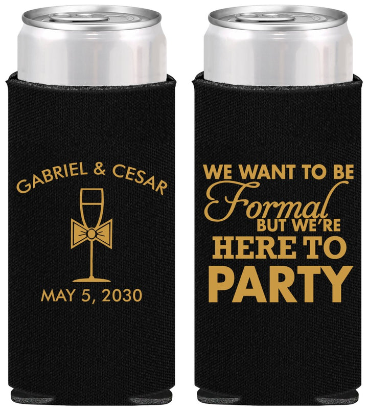 Personalized Wedding Slim Can Coolers - Formal Here To Party | 366