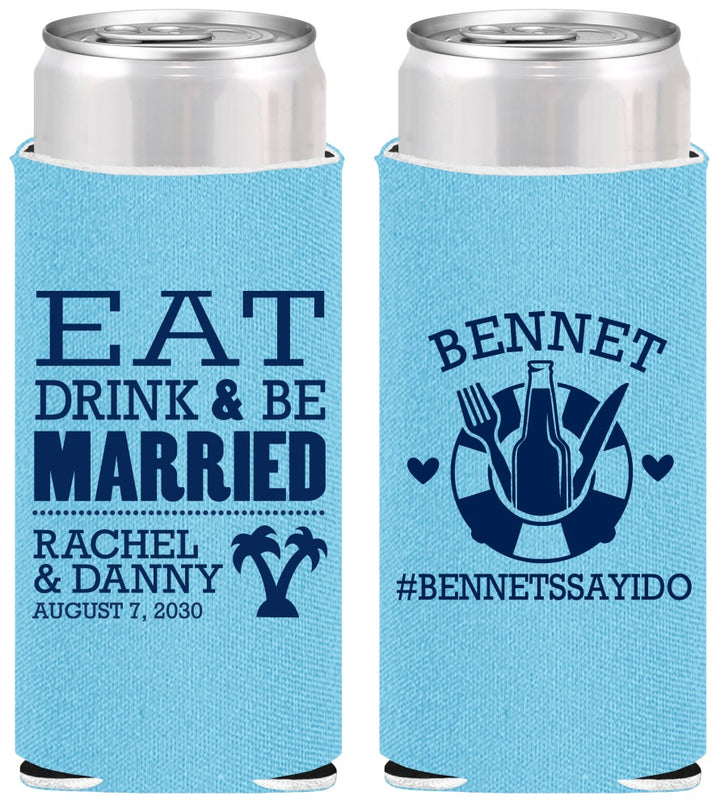 Personalized Wedding Slim Can Coolers - Eat Drink Be Married | 367