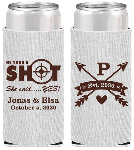 Personalized Wedding Slim Can Coolers - Take A Shot She Said Yes | 370