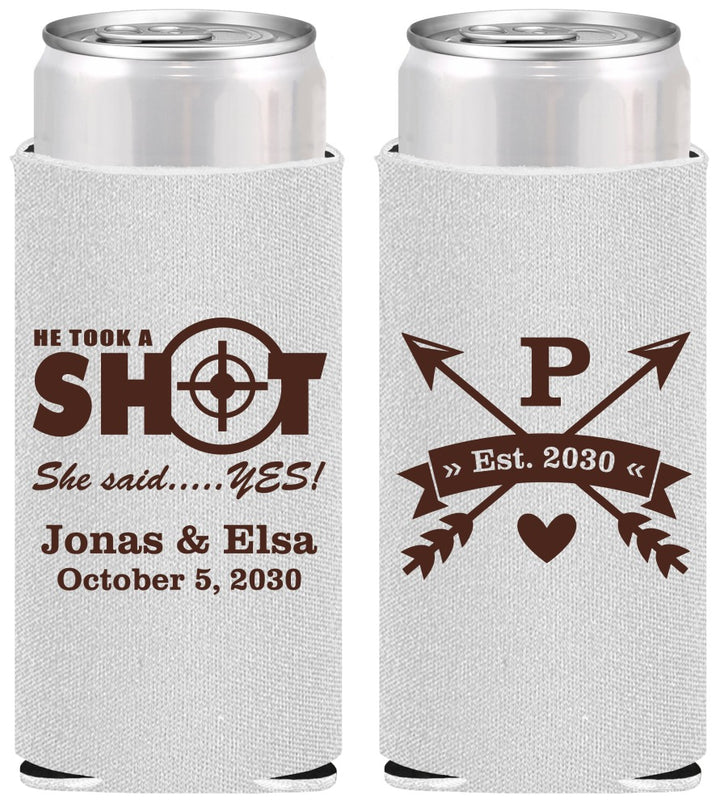 Personalized Wedding Slim Can Coolers - Take A Shot She Said Yes | 370