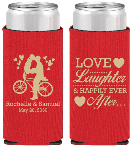 Personalized Wedding Slim Can Coolers - Love Laughter Happily | 376