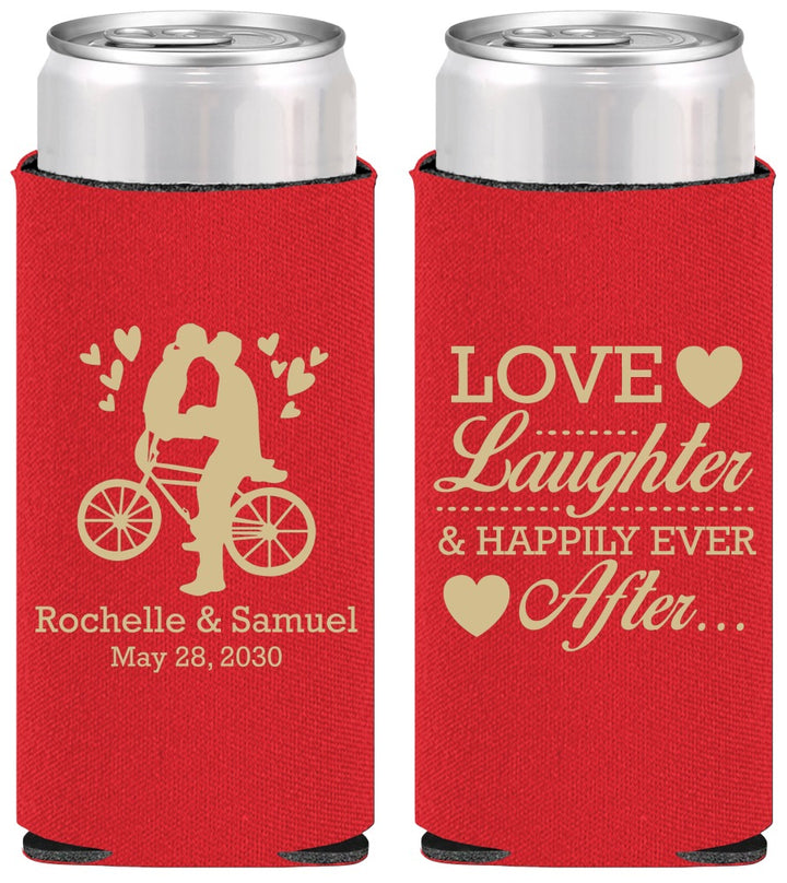 Personalized Wedding Slim Can Coolers - Love Laughter Happily | 376