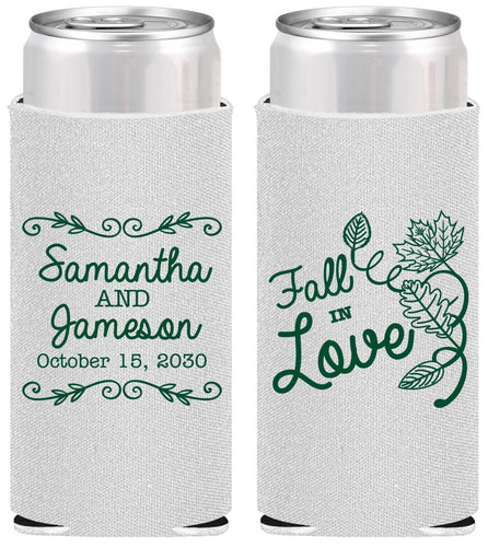 Personalized Wedding Slim Can Coolers - Fall In Love | 377
