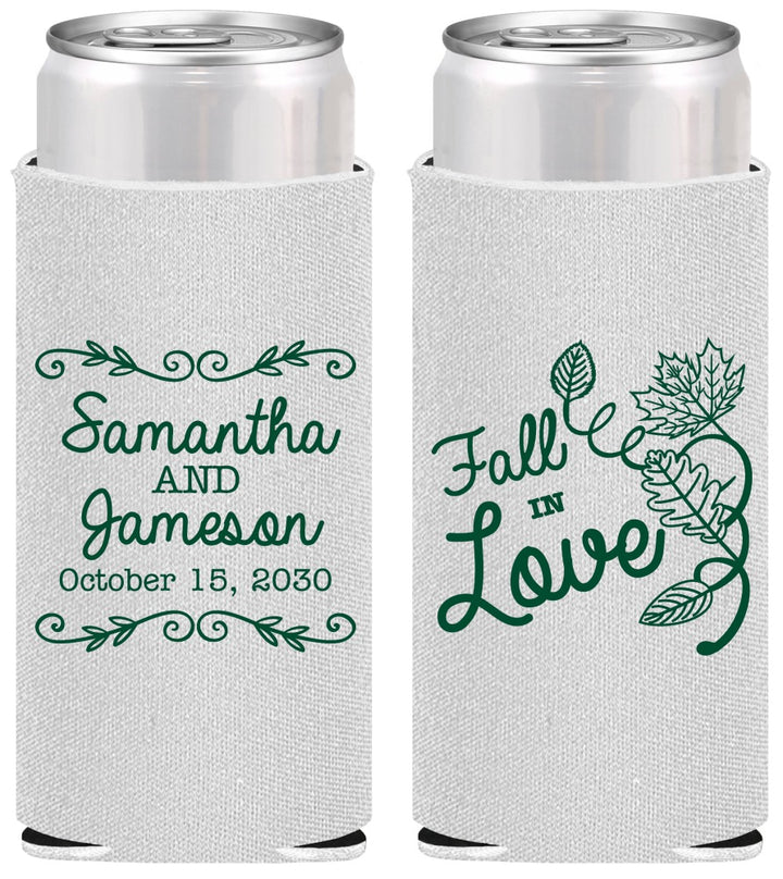 Personalized Wedding Slim Can Coolers - Fall In Love | 377