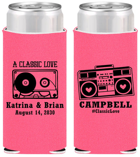 Personalized Wedding Slim Can Coolers - Class Love Cassette Tape | 389