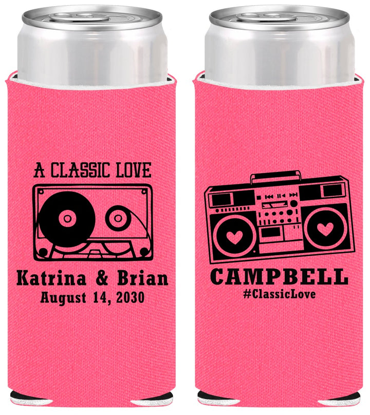 Personalized Wedding Slim Can Coolers - Class Love Cassette Tape | 389