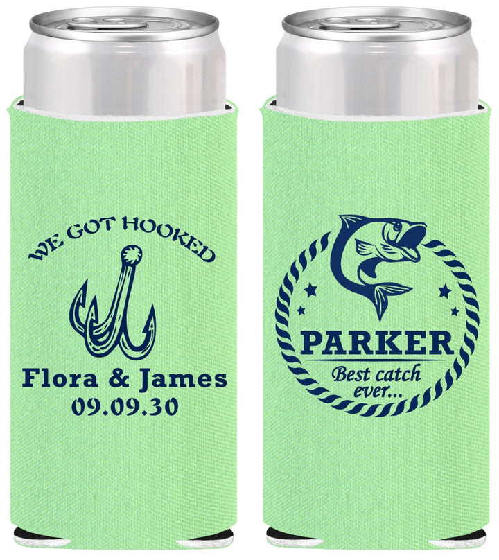 Personalized Wedding Slim Can Coolers - We Got Hooked Fish | 392