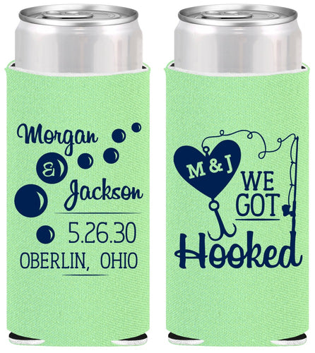 Personalized Wedding Slim Can Coolers - We Got Hooked Fish | 396