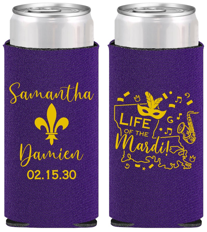 Personalized Wedding Slim Can Coolers - Mardi Gras | 398