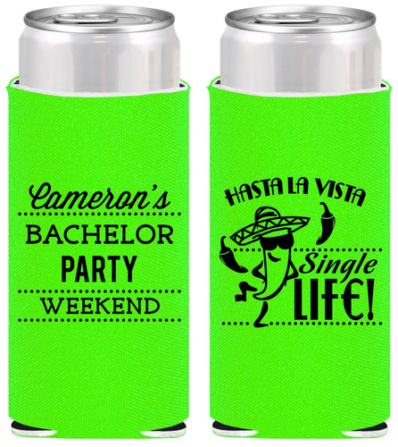 Personalized Bachelor Party Slim Can Coolers - Hast La Vista Single Life | 40003