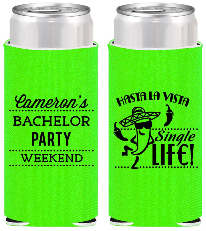Personalized Bachelor Party Slim Can Coolers - Hast La Vista Single Life | 40003