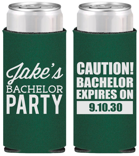 Personalized Bachelor Party Slim Can Coolers - Caution Expires On | 40009