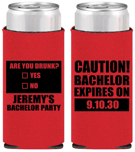 Personalized Bachelor Party Slim Can Coolers - Caution Expires On | 40012