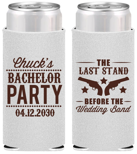 Personalized Bachelor Party Slim Can Coolers - Last Stand Wedding Bands | 40015