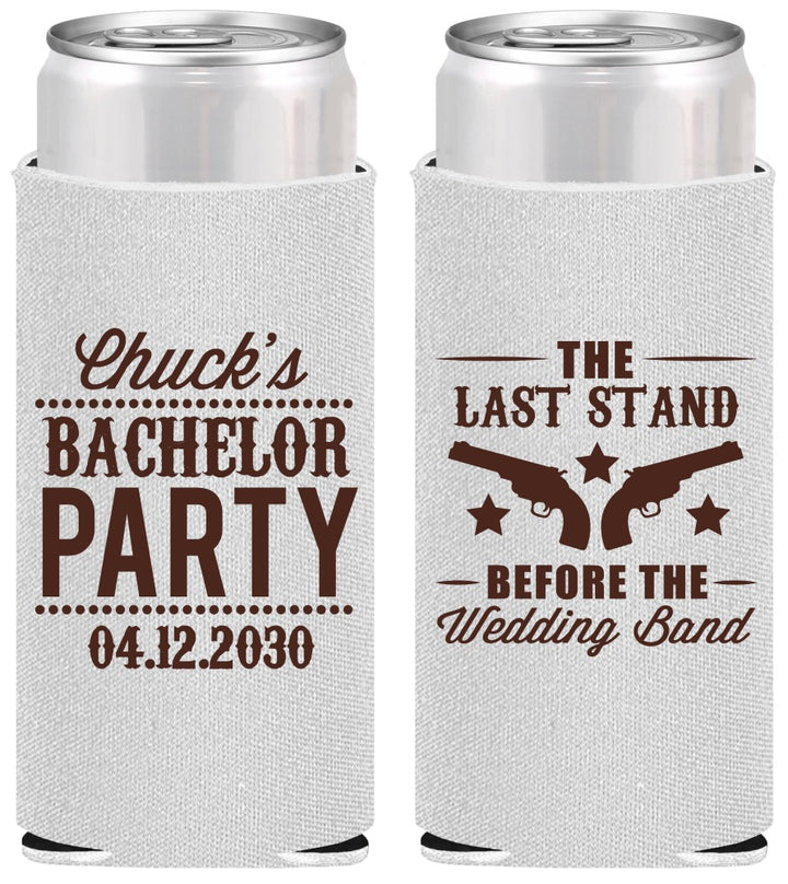 Personalized Bachelor Party Slim Can Coolers - Last Stand Wedding Bands | 40015