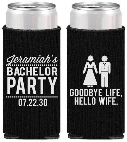 Personalized Bachelor Party Slim Can Coolers - Goodbye Life Hello Wife | 40019