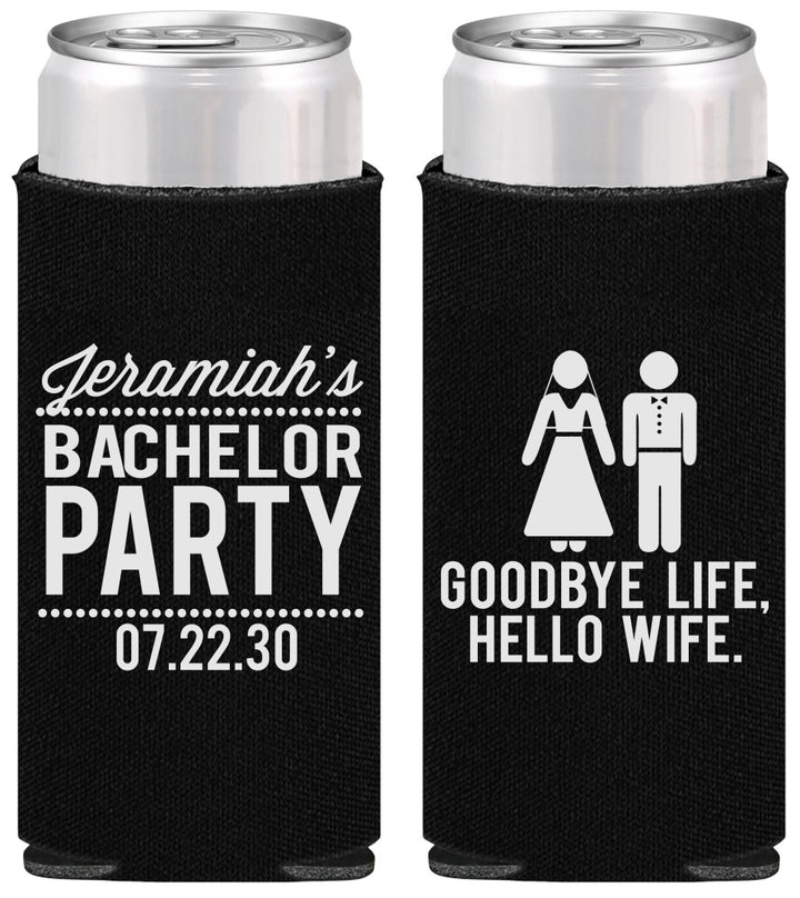 Personalized Bachelor Party Slim Can Coolers - Goodbye Life Hello Wife | 40019