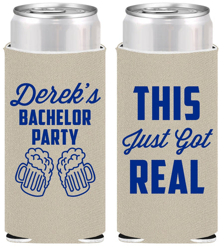 Personalized Bachelor Party Slim Can Coolers - Just Got Real | 40024