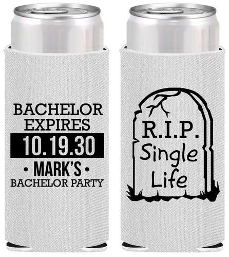 Personalized Bachelor Party Slim Can Coolers - Rip Single Life | 40028