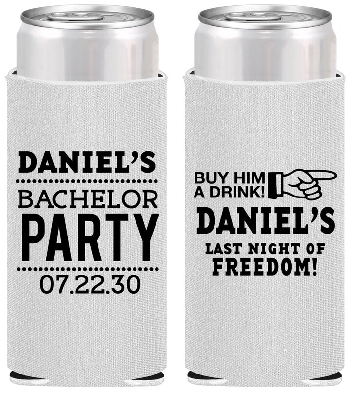 Personalized Bachelor Party Slim Can Coolers - Last Night Of Freedom | 40029