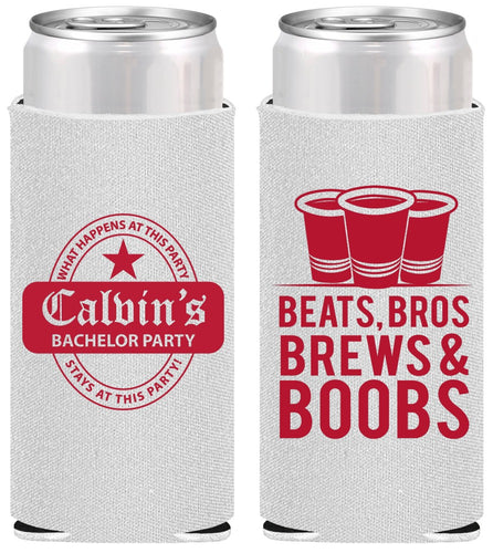 Personalized Bachelor Party Slim Can Coolers - Brews And Boobs | 40031